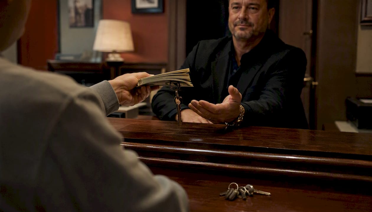 Hands exchanging cash and keys at jail booking window