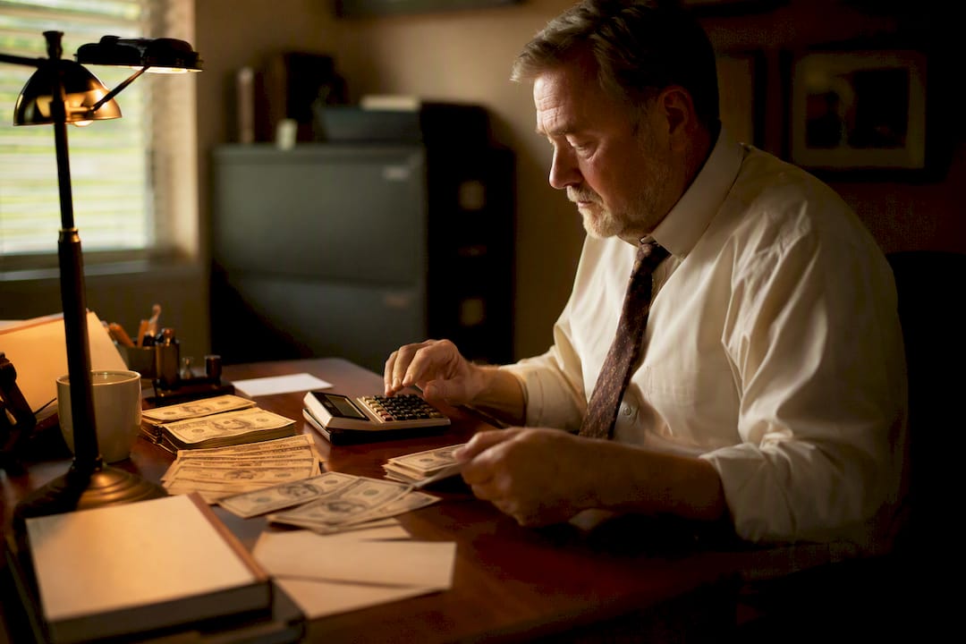 Bail agent hands counting cash and calculating