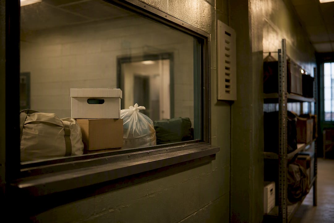 Jail property pickup window with stored belongings