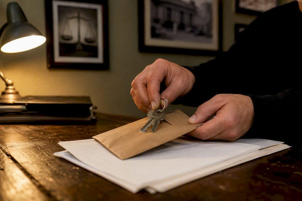 Hands exchanging keys and bail envelope