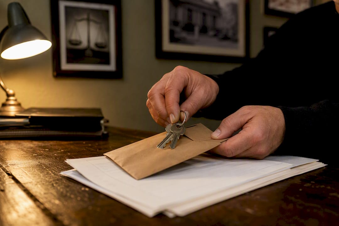 Hands exchanging keys and bail envelope
