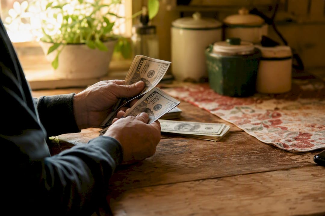 Hands counting cash on vintage desk