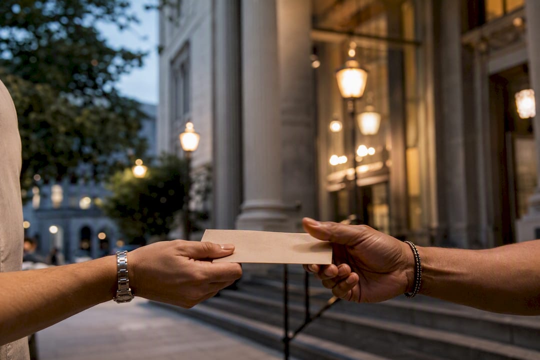 Hands exchanging bail payment envelope