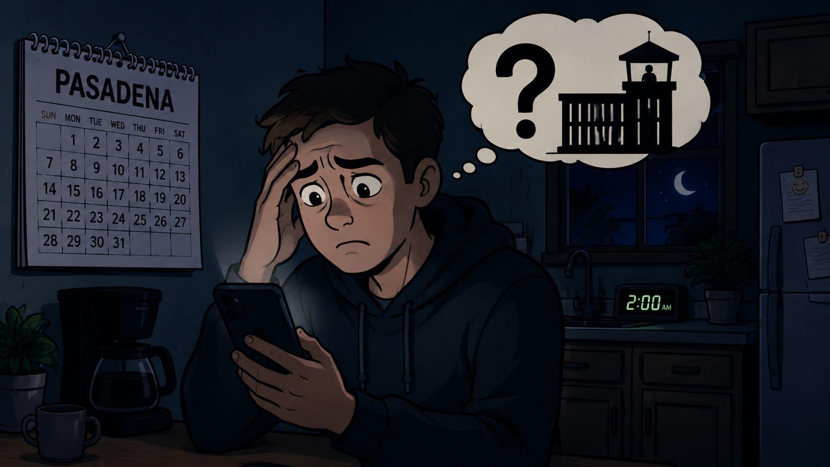 A worried young man sitting in his kitchen late at night checking his smartphone about jail.