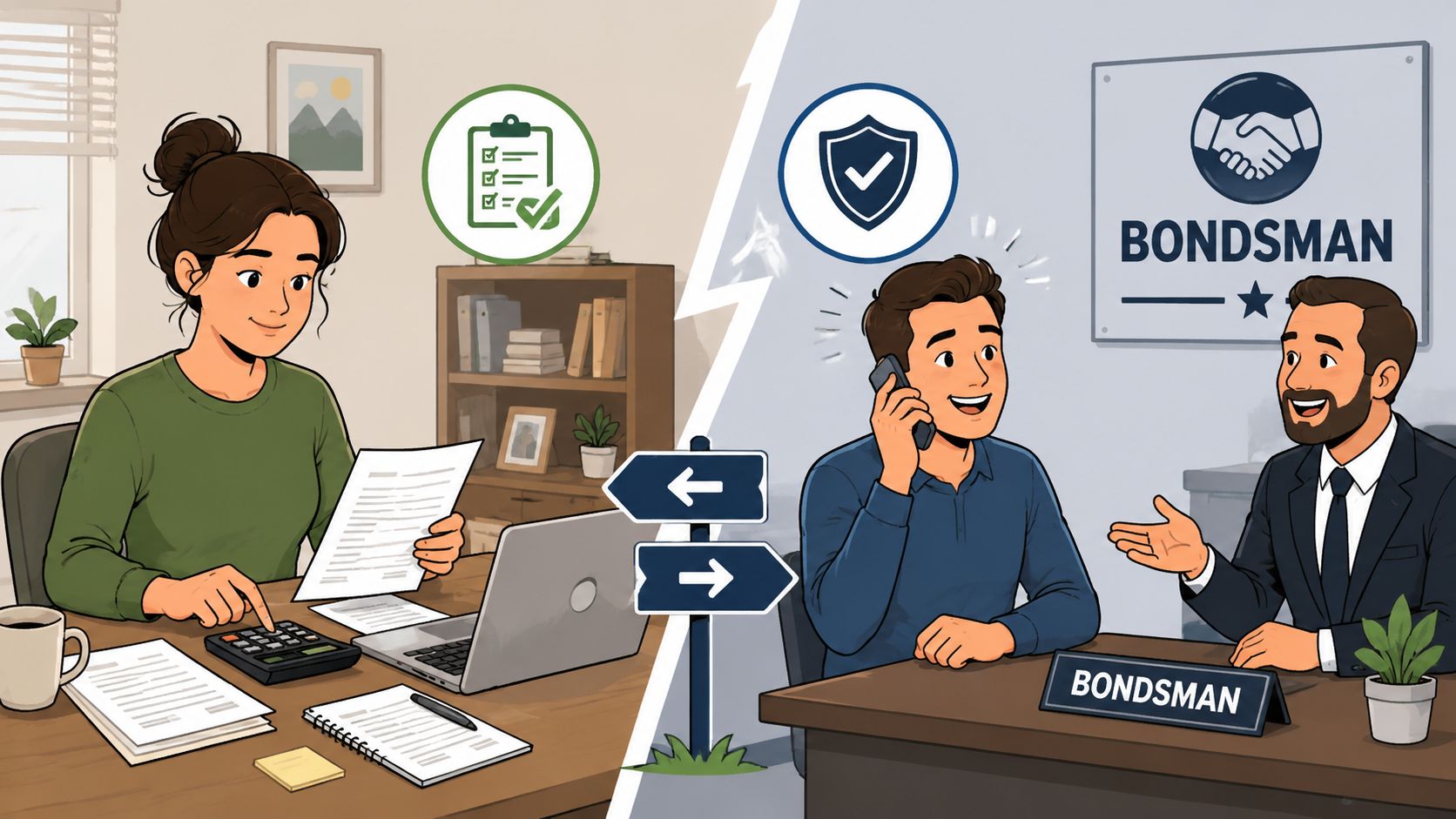 A split screen illustration comparing financial planning for bail against consulting with a professional bail bondsman.