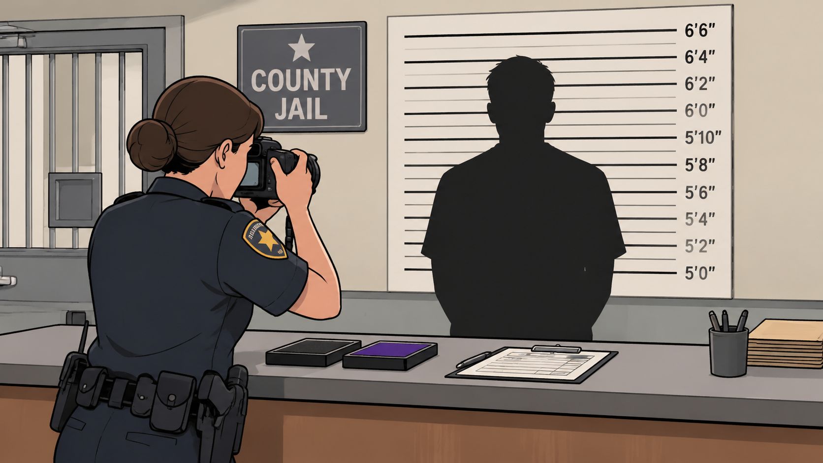 A police officer taking a mugshot photo of a silhouette against a standard height measurement background.