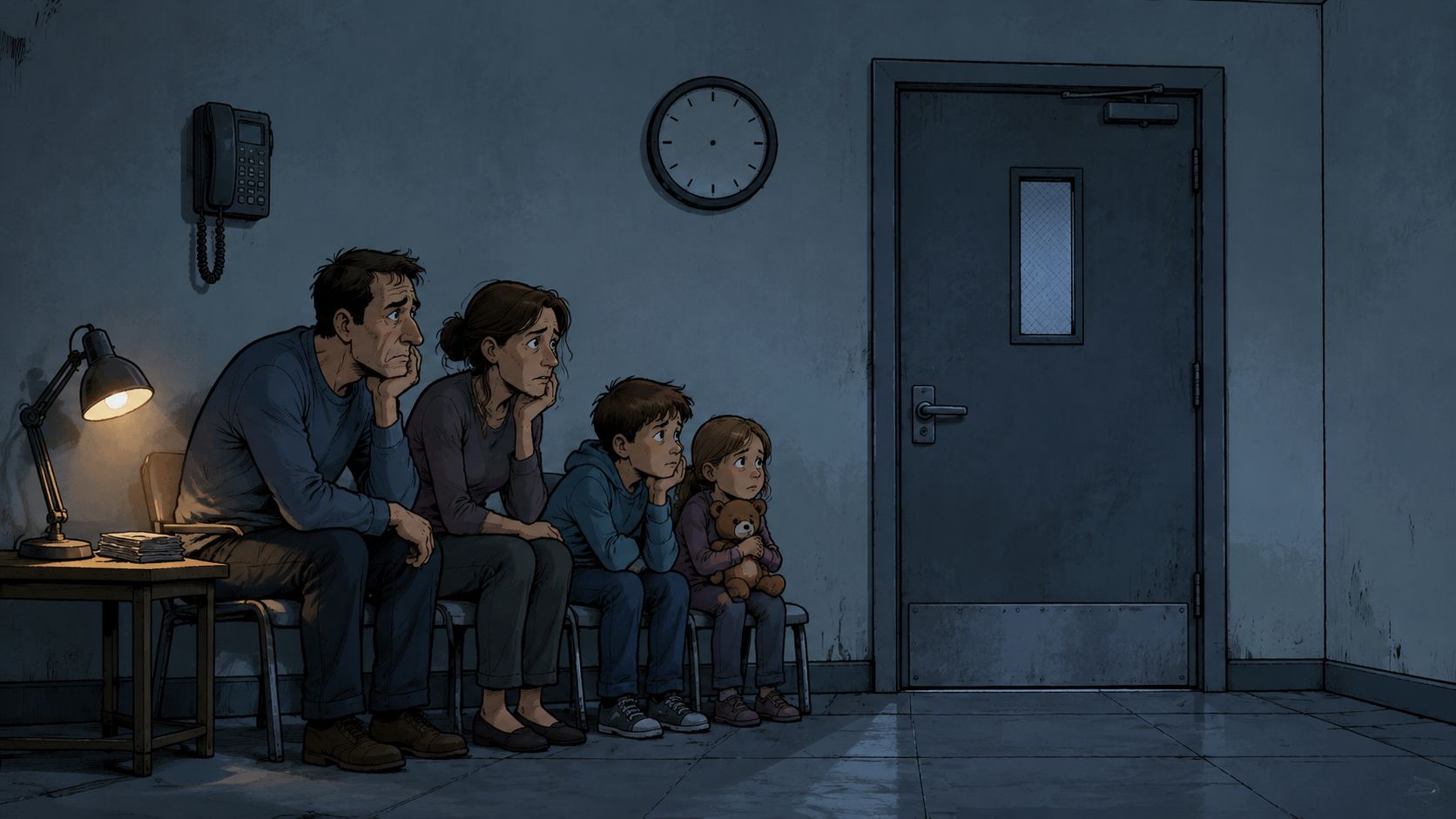 A concerned family sits anxiously in a dark waiting room, staring toward a closed hospital door.