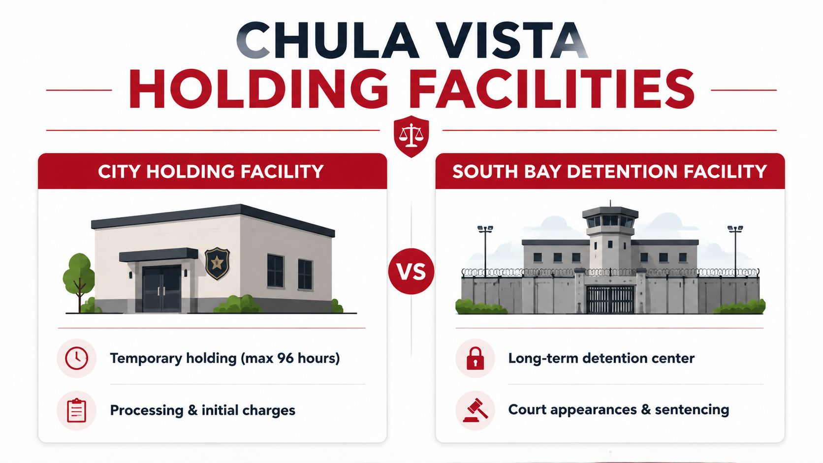 A comparison infographic between the City Holding Facility and the South Bay Detention Facility in Chula Vista.