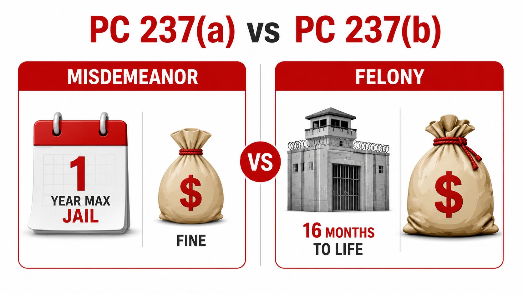 An infographic comparing PC 237(a) as a misdemeanor versus PC 237(b) as a felony legal charge.