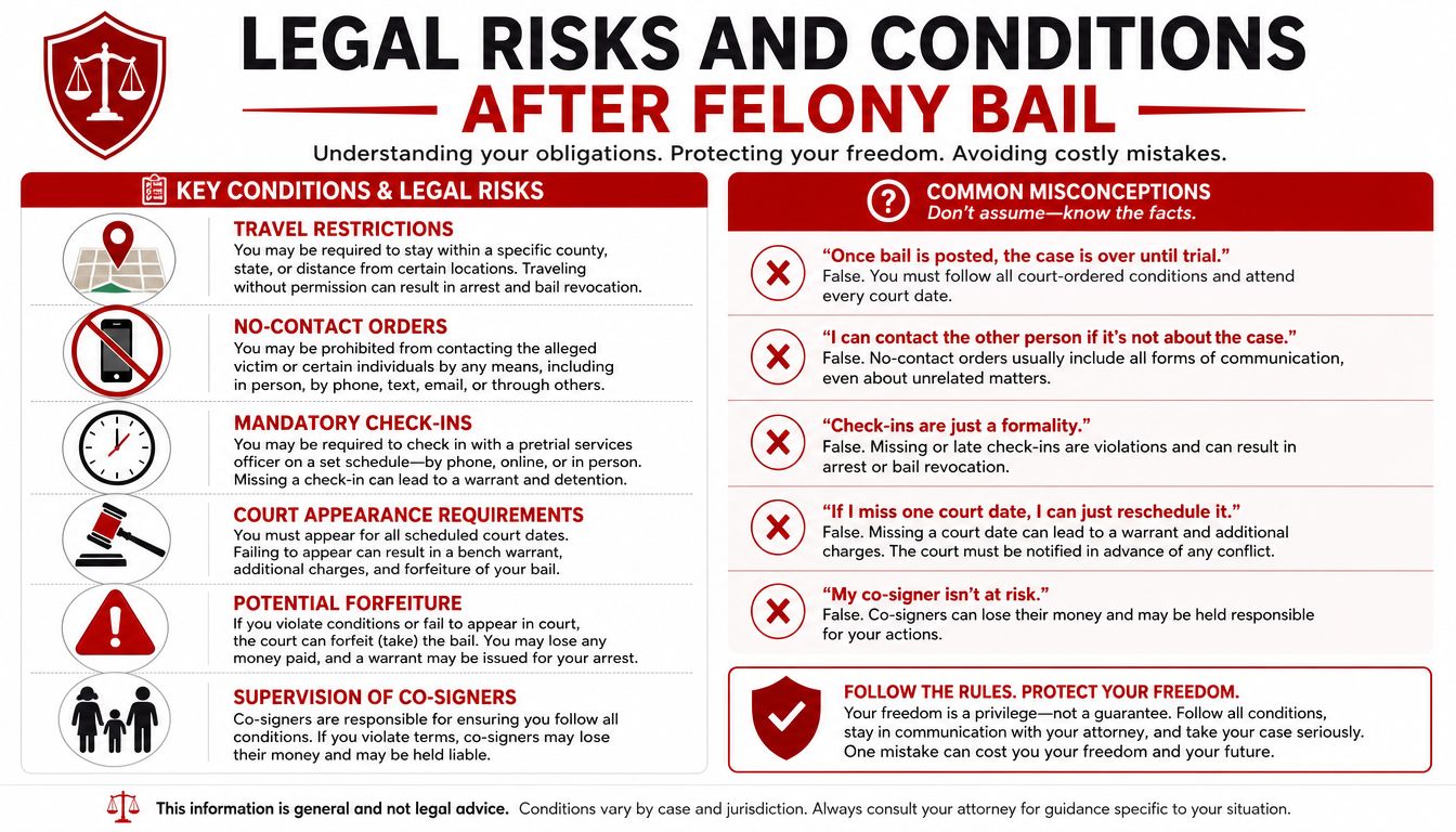 An infographic detailing important legal risks and common misconceptions regarding felony bail and court-ordered conditions.