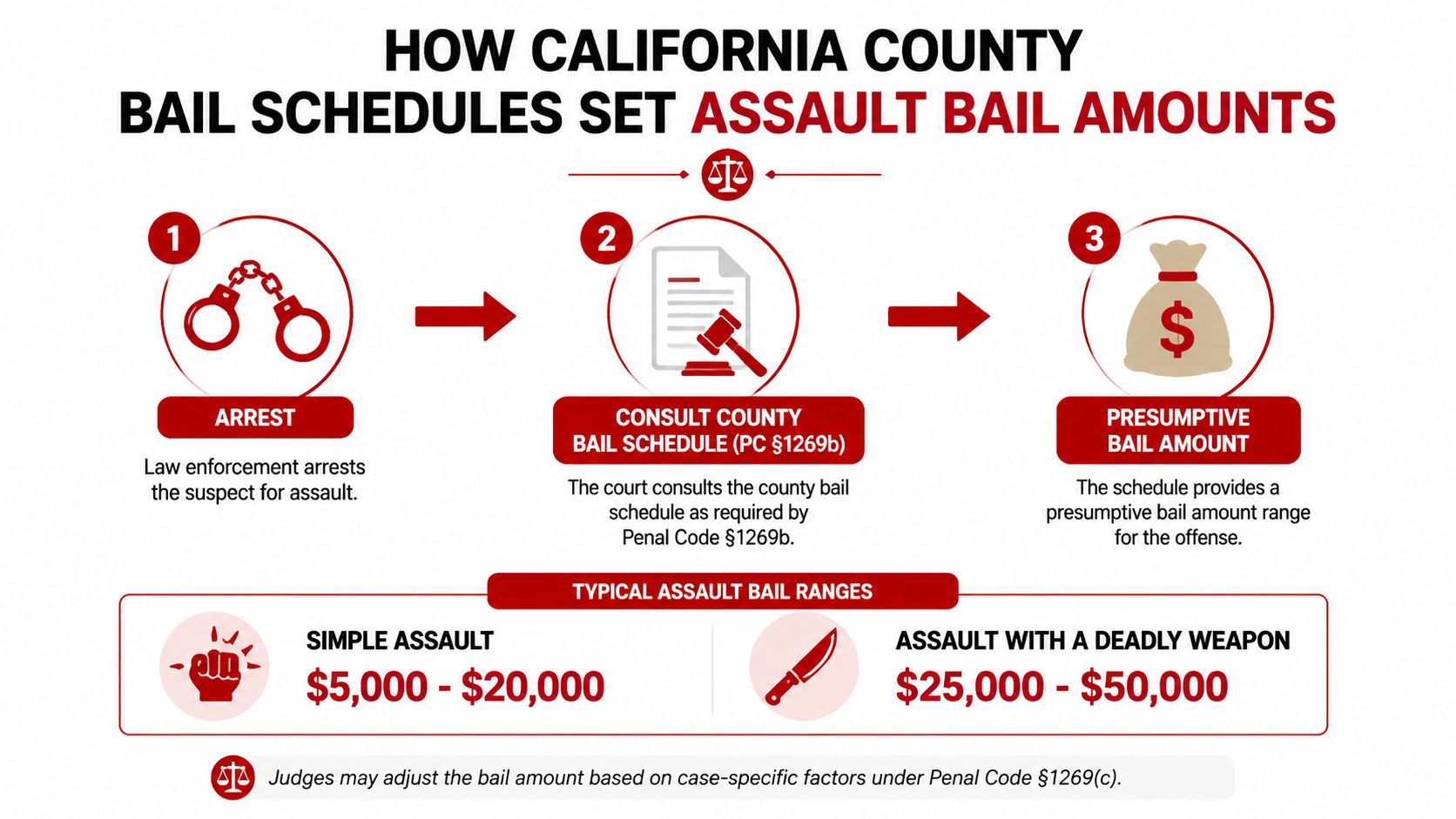 A flowchart explaining the California county bail schedule process for assault cases with typical dollar ranges.