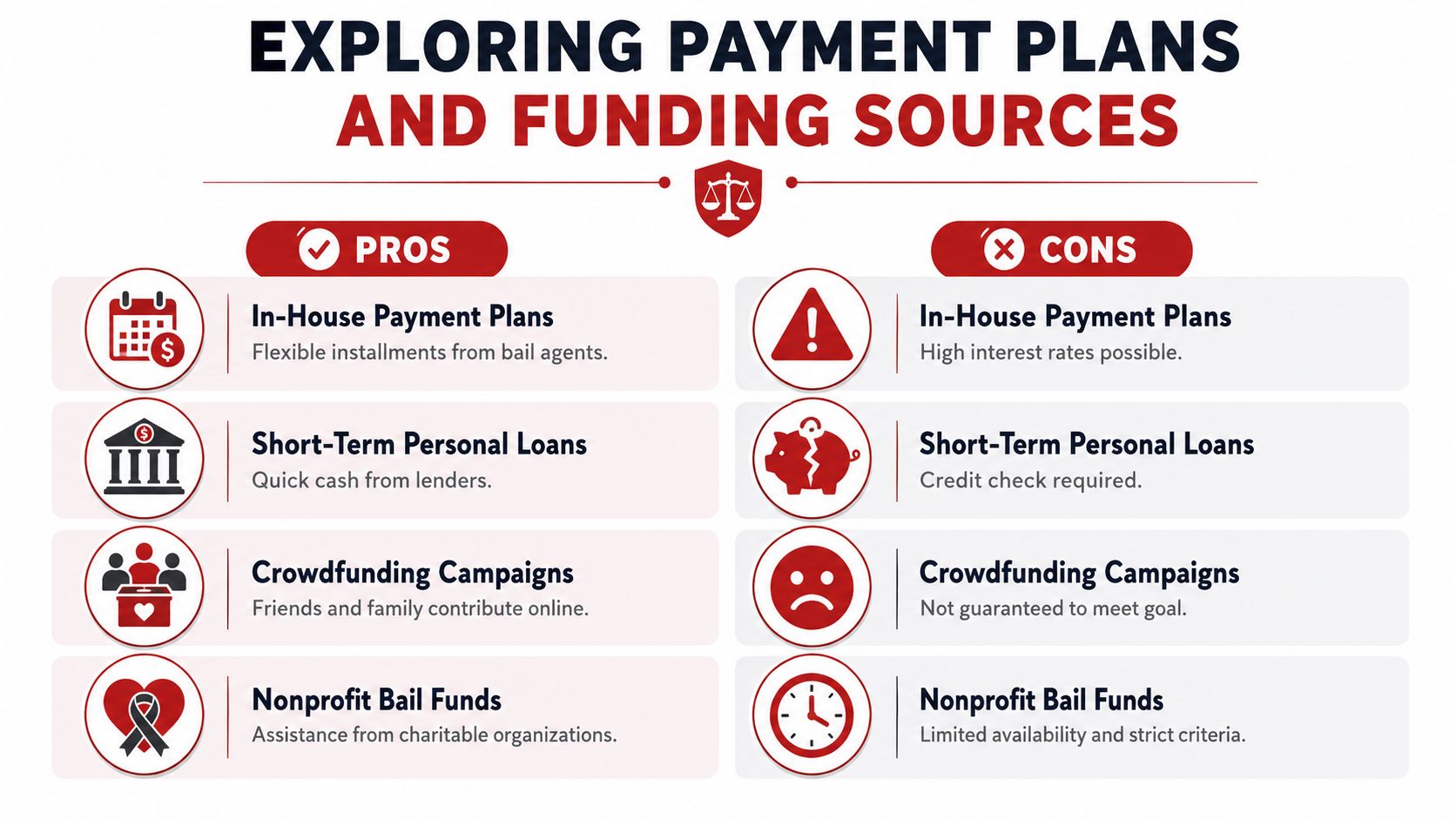 An infographic titled Exploring Payment Plans and Funding Sources detailing the pros and cons of bail financing options.