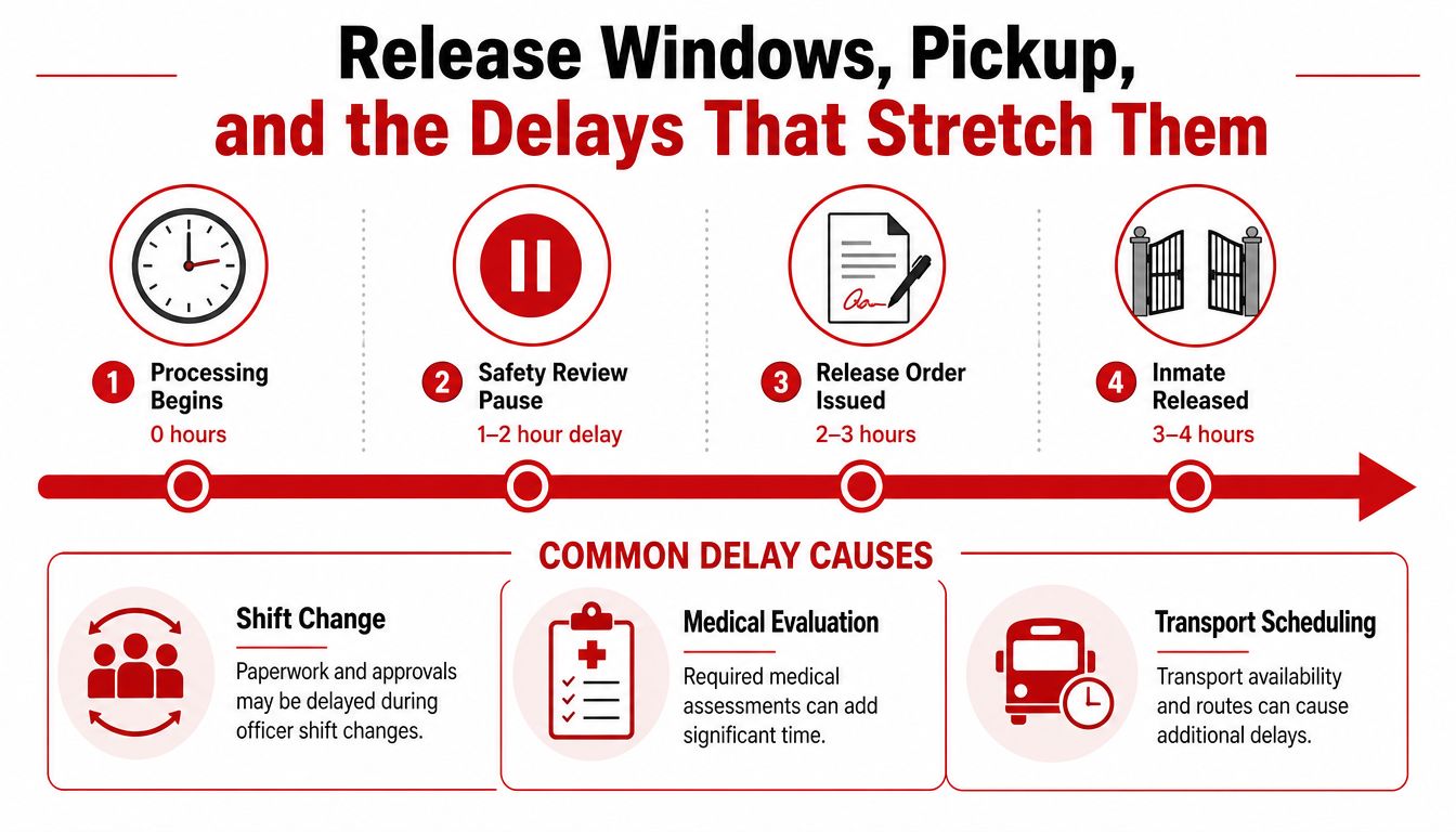 A flowchart detailing the four-step inmate release process and common factors that cause delays in release timing.