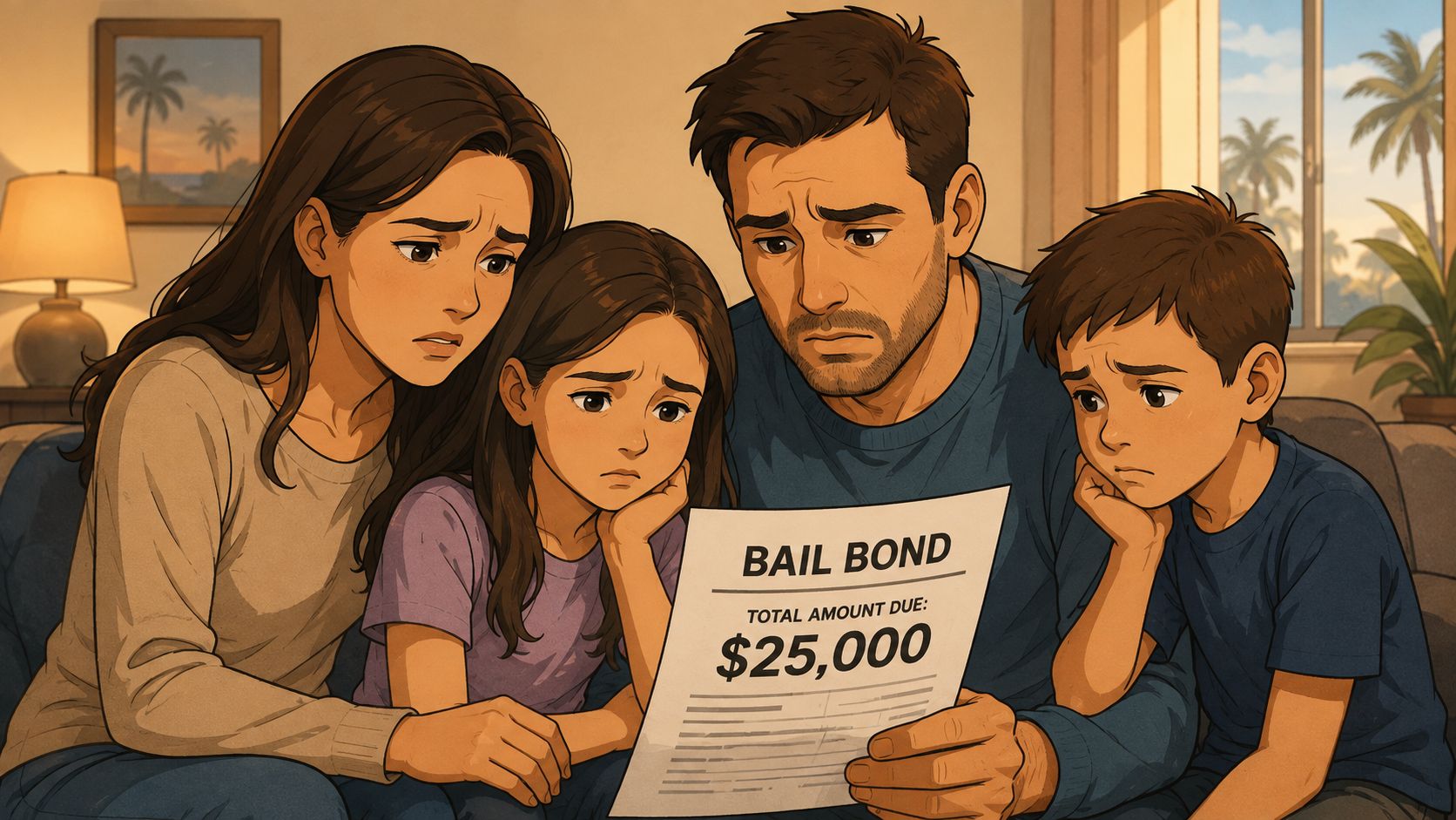 A concerned family sitting on a couch together while reviewing a bail bond paper with high costs.