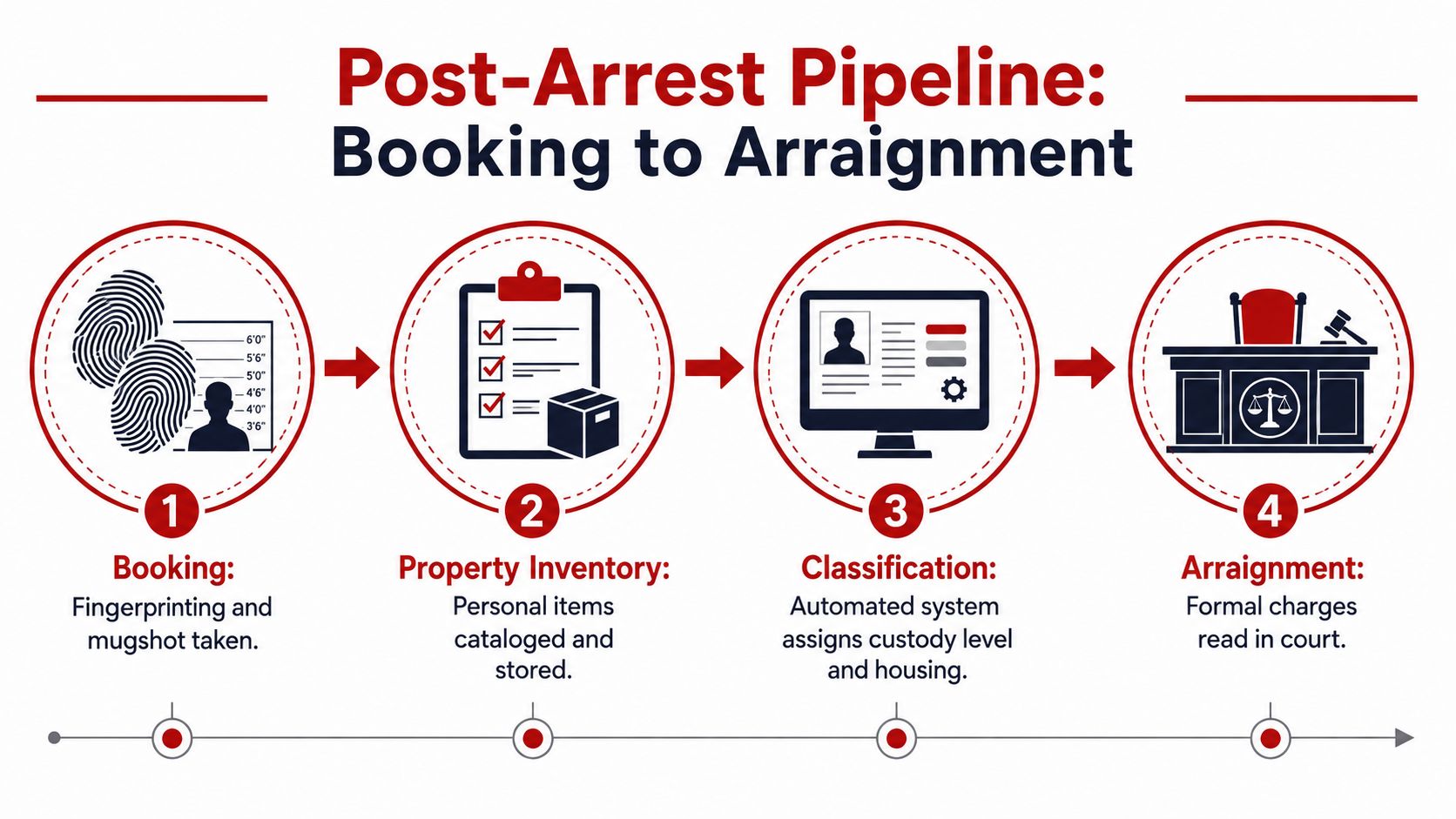 A diagram illustrating the four steps of the post-arrest pipeline from booking through to court arraignment.