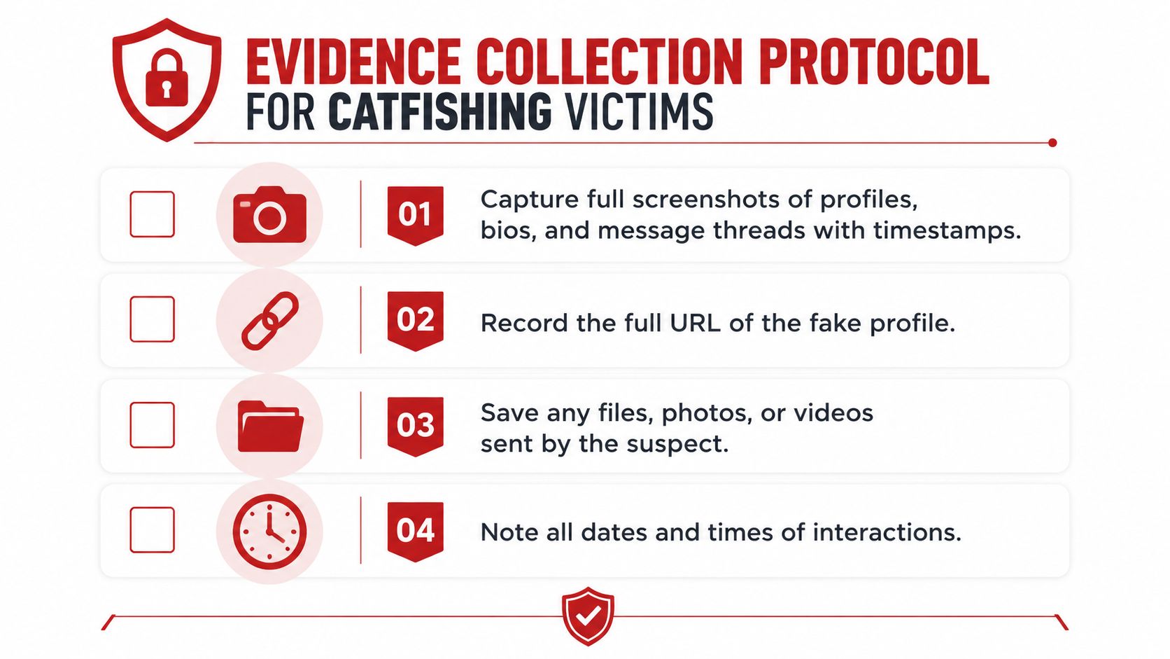 A checklist infographic titled Evidence Collection Protocol for Catfishing Victims with four steps for recording digital evidence.