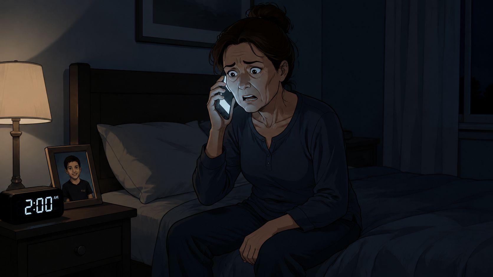 A concerned woman sits on her bed at 2 AM talking on her smartphone in a dark room.