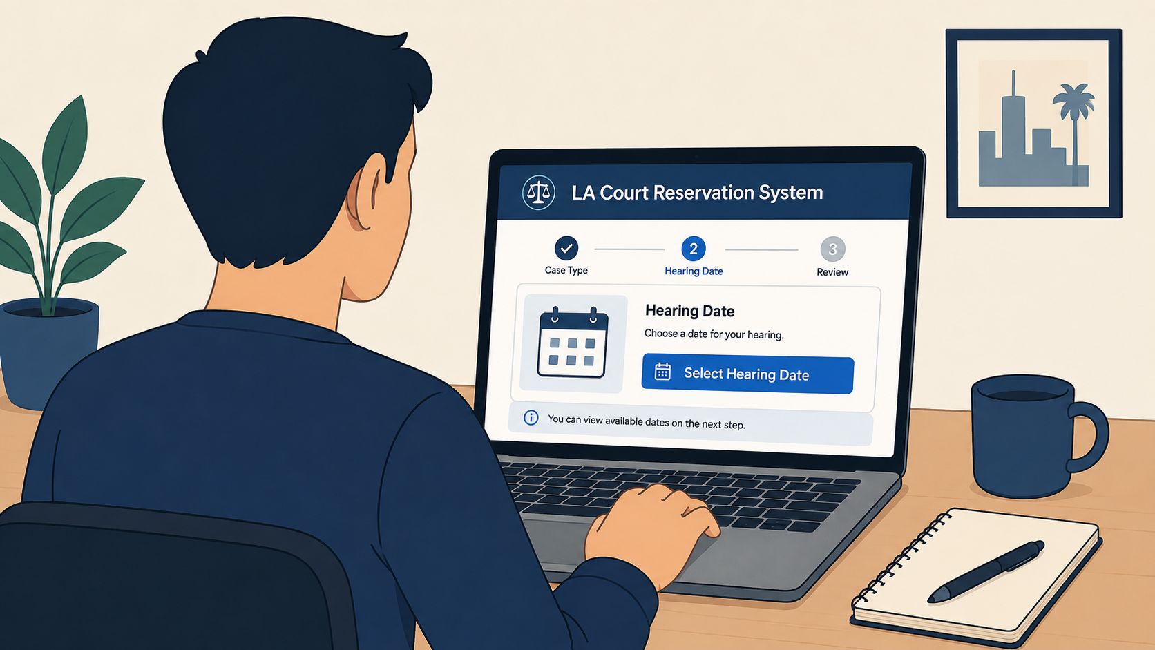 A person using a laptop to navigate the Los Angeles Court Reservation System website for scheduling a hearing.