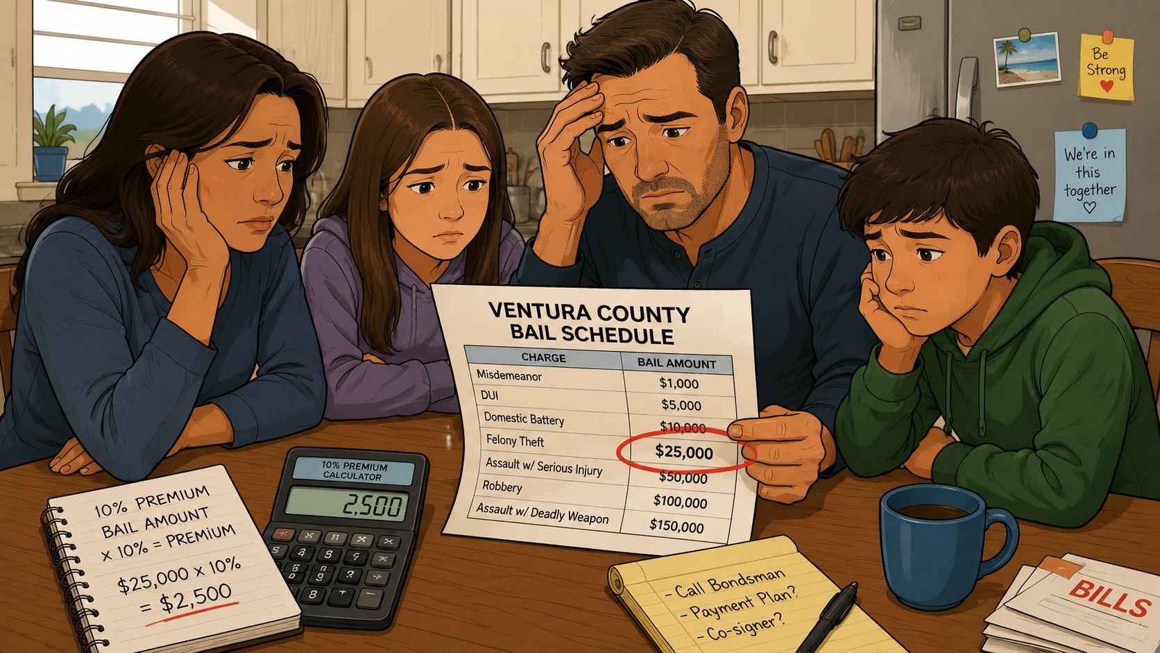 A concerned family sits at a kitchen table reviewing a Ventura County bail schedule document.