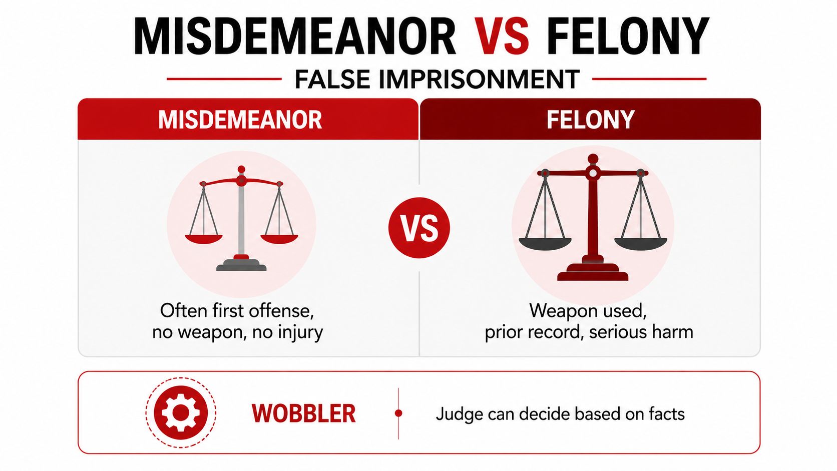 A comparison chart showing factors distinguishing between a misdemeanor and a felony for false imprisonment.