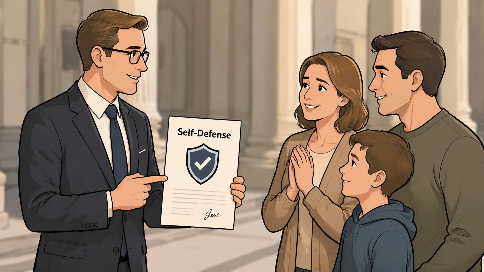 A professional in a suit presenting a self-defense document to a smiling family with their child.