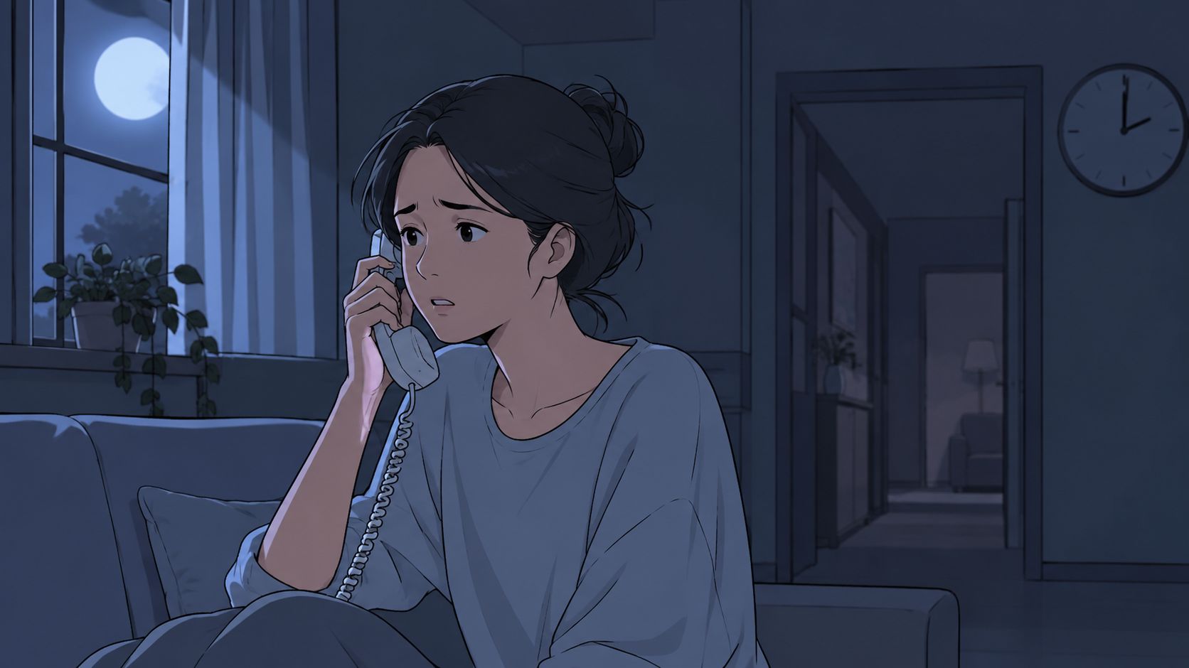 A worried young woman sitting on a couch at night talking on a vintage landline telephone.