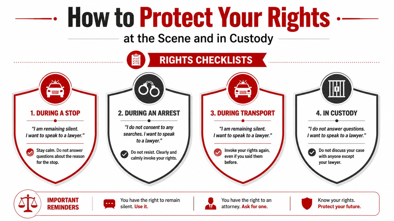 An infographic titled How to Protect Your Rights, outlining steps to take during police stops, arrests, and custody.