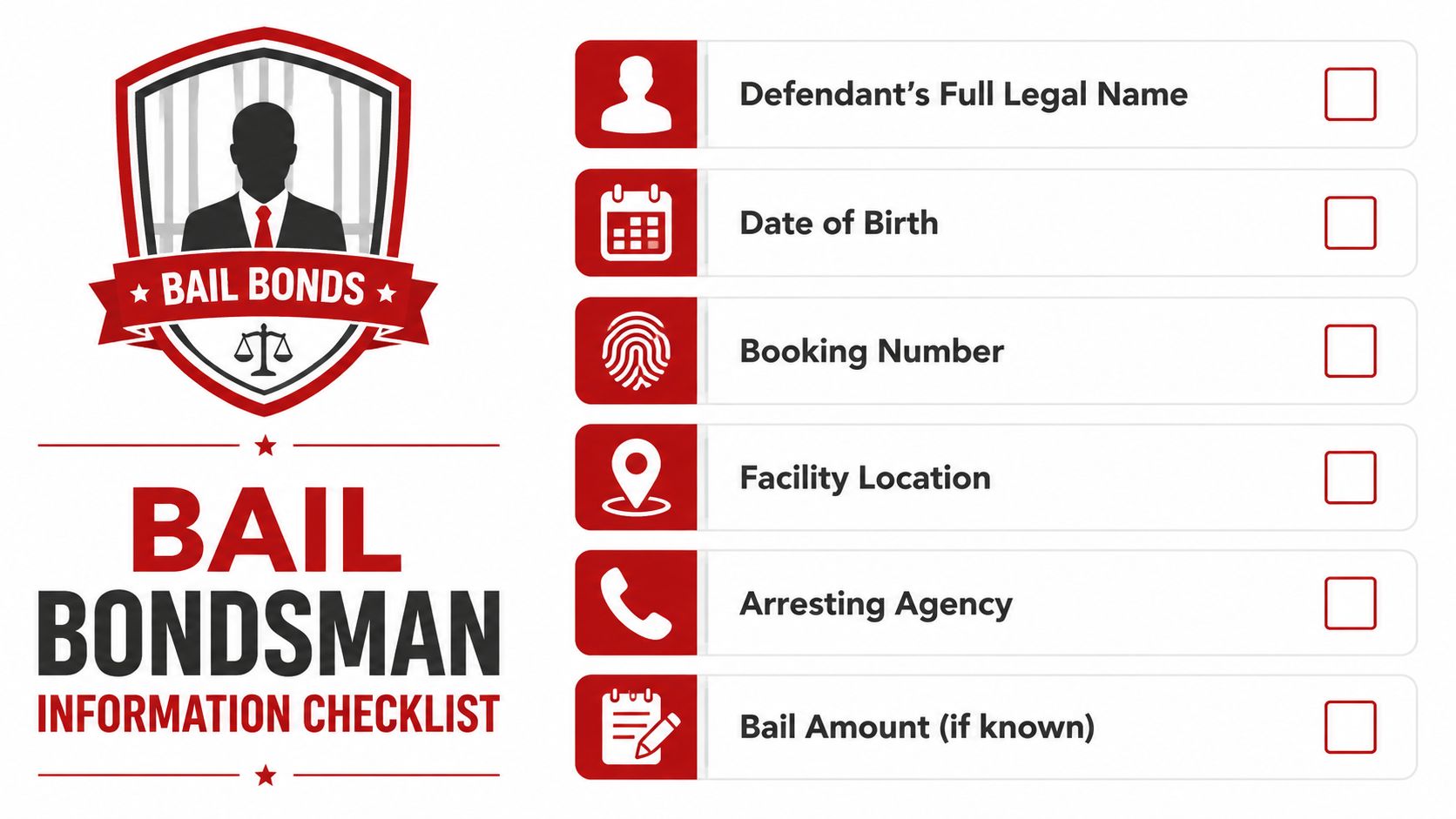 Bail bondsman information checklist for people to provide when contacting a bail agent after an arrest occurs.
