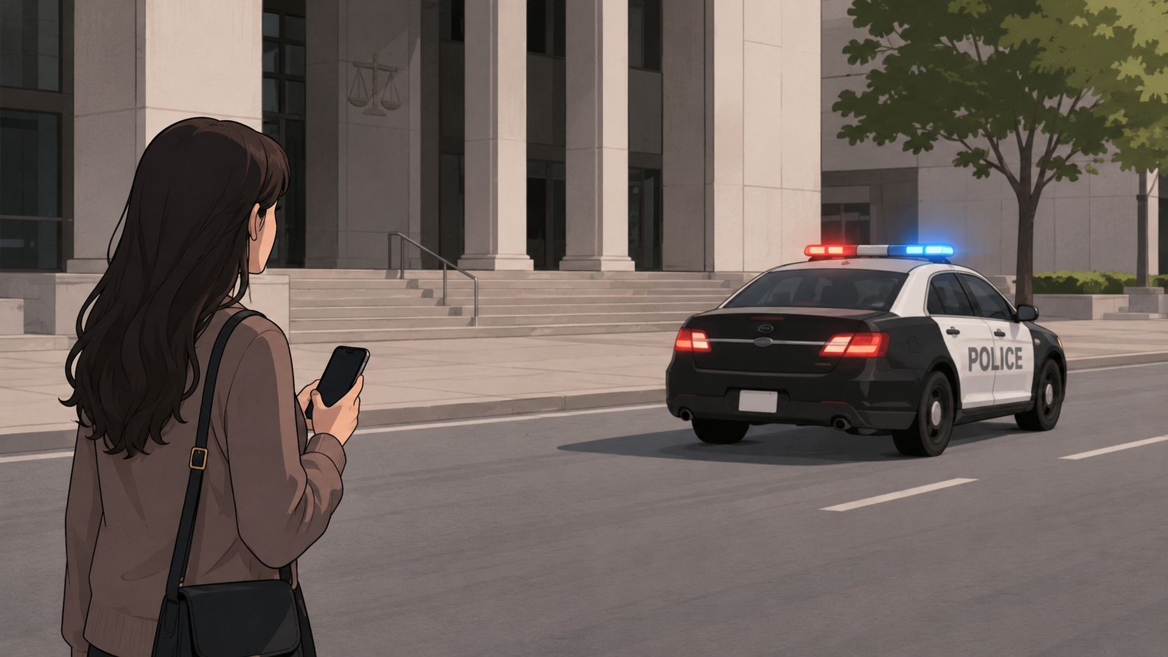 A woman looks at her smartphone near a courthouse as a police car drives by nearby.