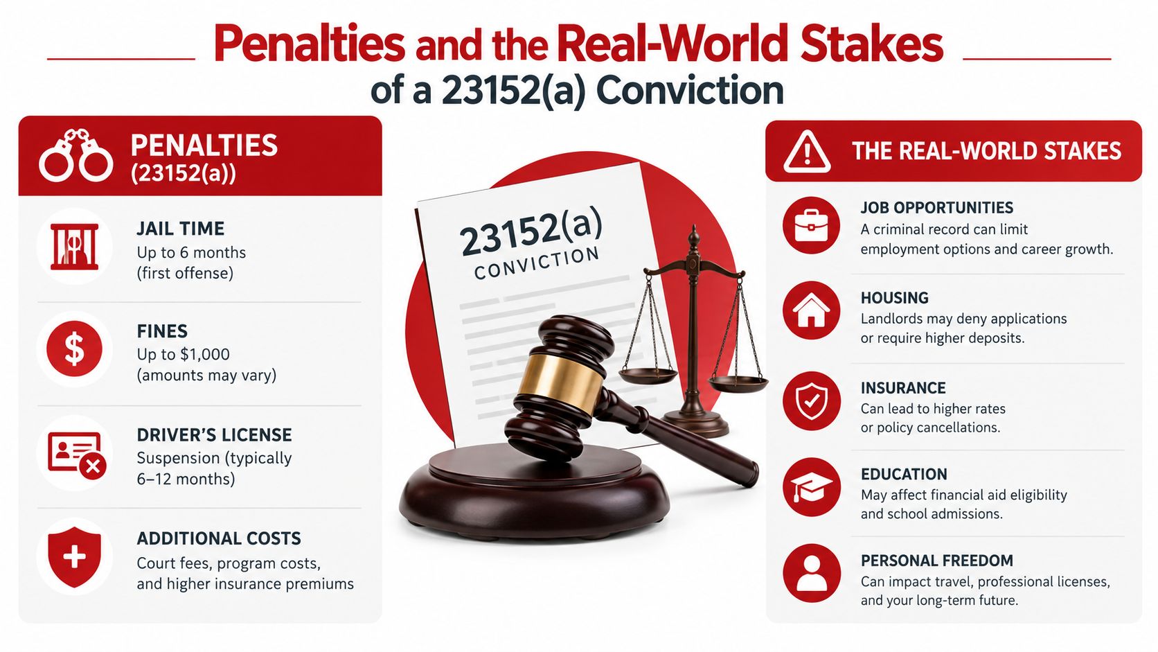 An infographic detailing the legal penalties and long-term real-world consequences of a 23152(a) DUI conviction.