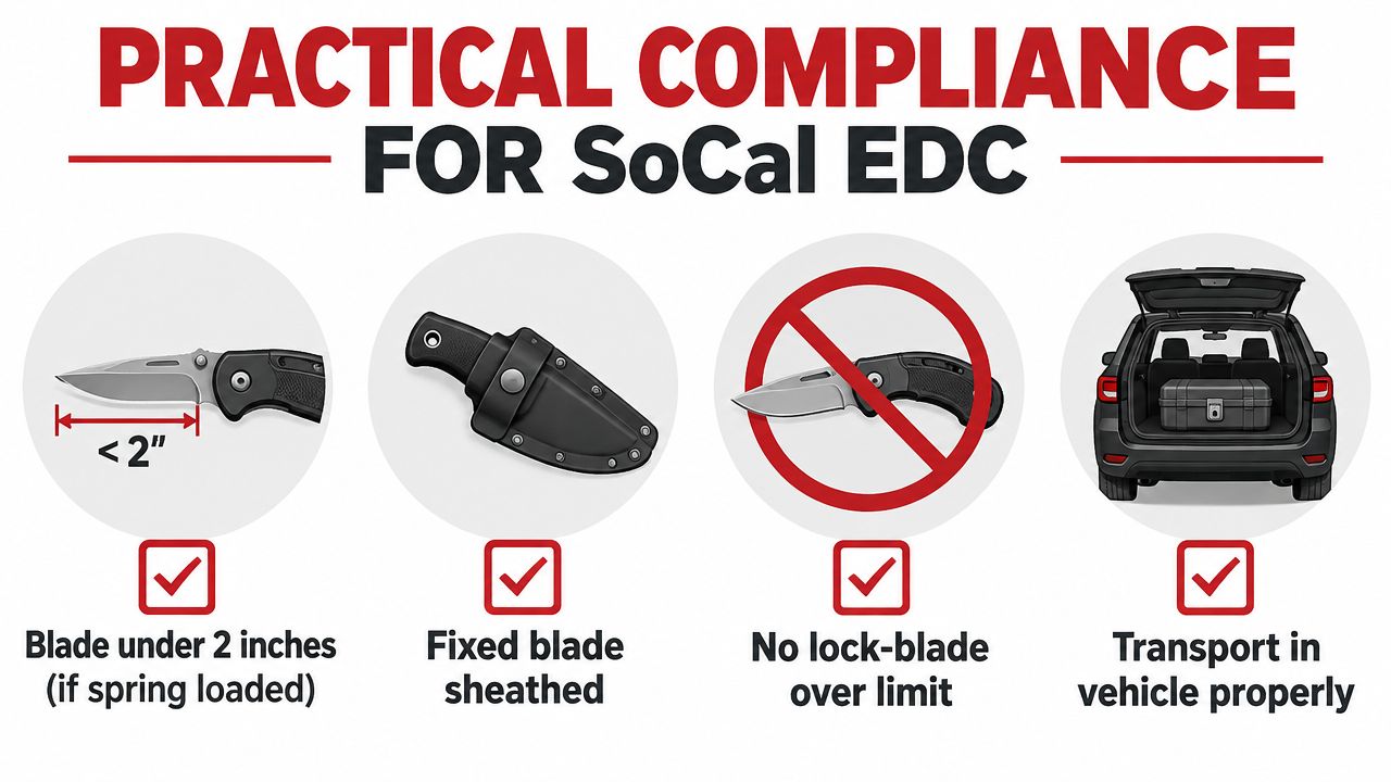 An infographic showing guidelines for compliant everyday carry knives in Southern California with visual icons.