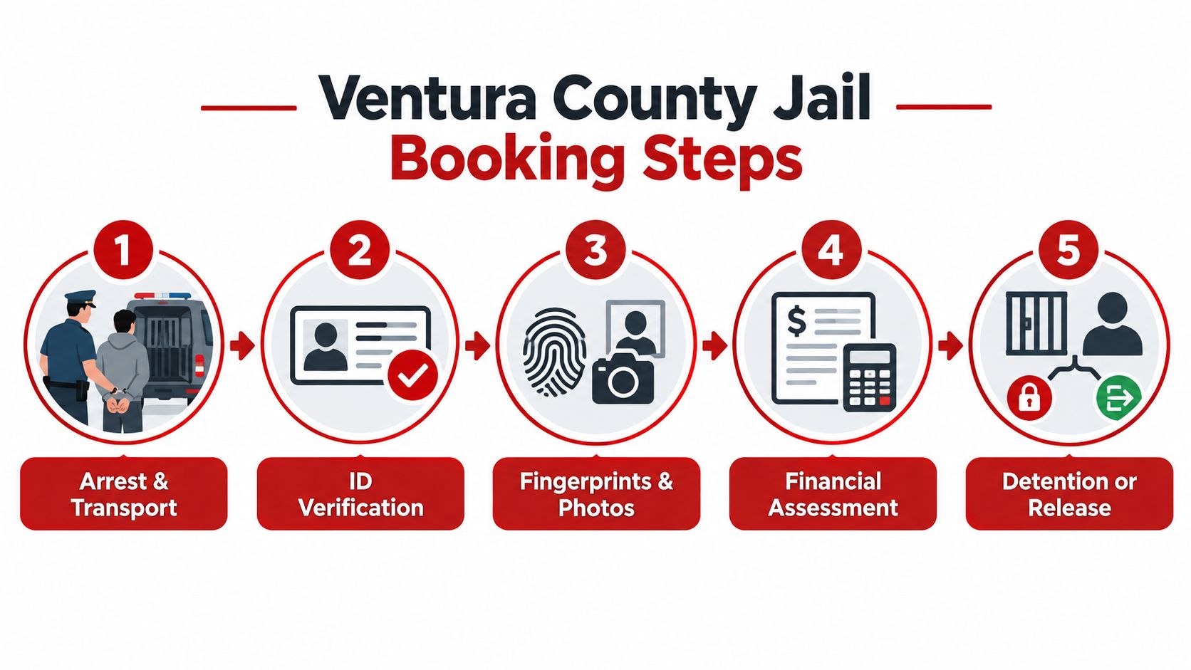 An infographic showing the five-step booking process at the Ventura County Jail, from arrest to release.