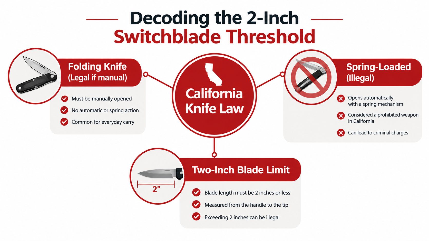 An infographic titled Decoding the 2-Inch Switchblade Threshold explaining California state laws regarding knife types and blade lengths.