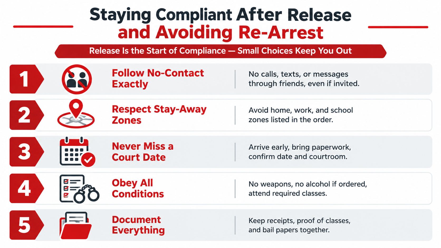 A five-point infographic titled Staying Compliant After Release and Avoiding Re-Arrest with practical advice for legal compliance.