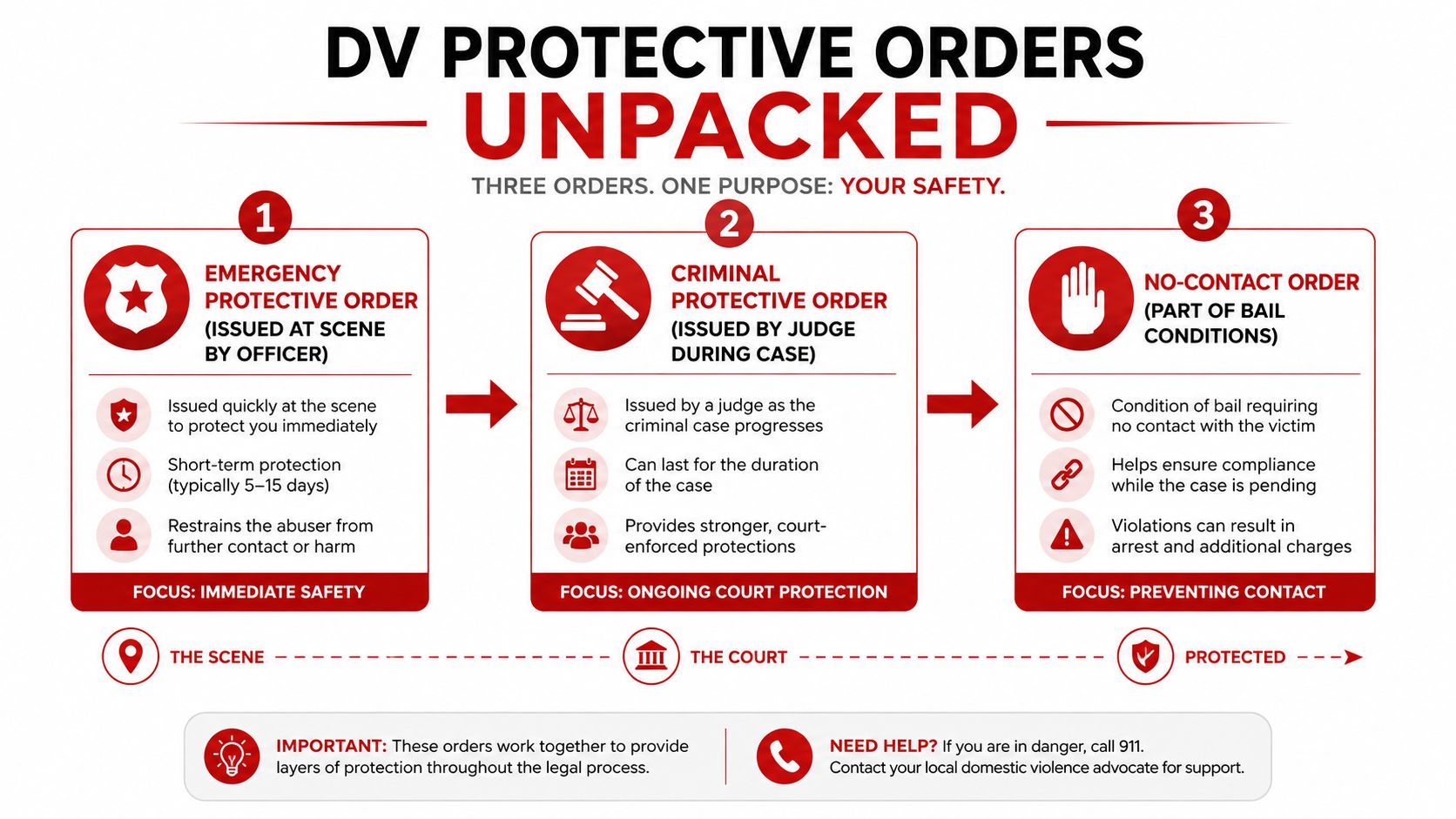 An infographic titled DV Protective Orders Unpacked, detailing three types of orders for victim safety.