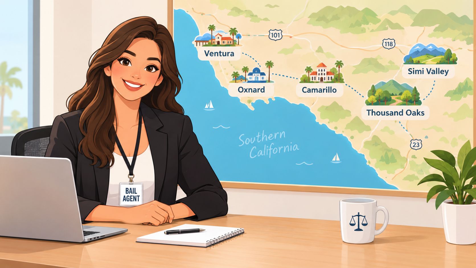A professional bail agent smiling behind a desk with a map of Southern California in her office.