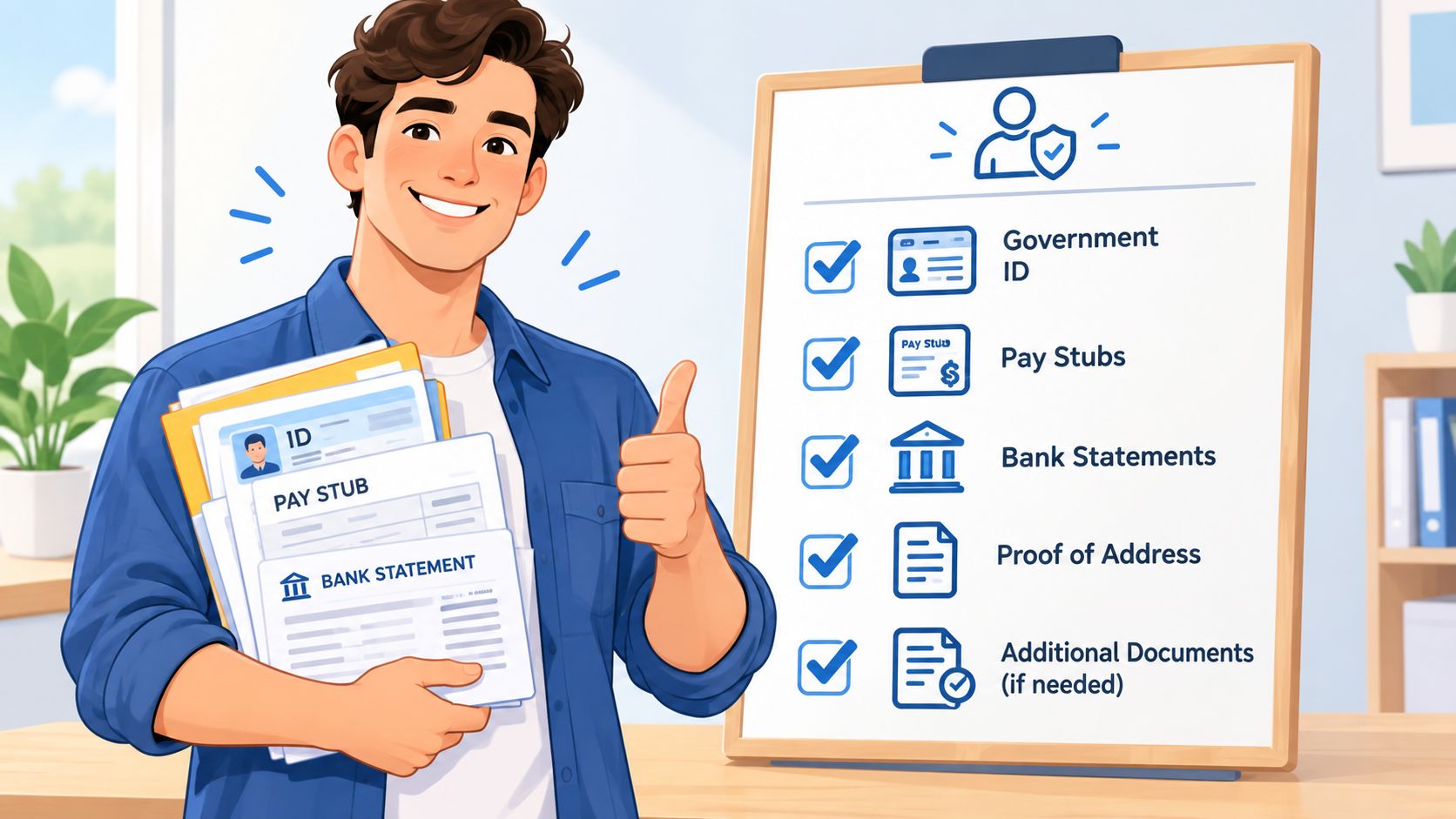A smiling young man holding documents next to a checklist showing requirements for a cosigner application process.