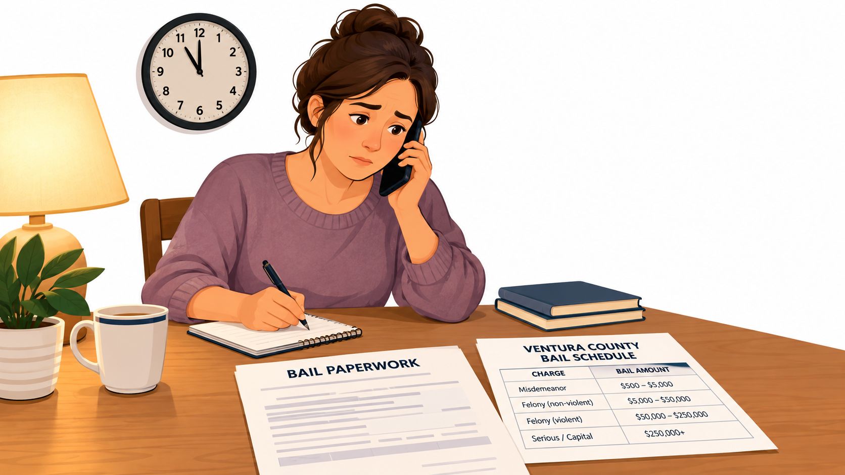 A concerned woman sits at a desk on a phone call while reviewing bail schedule paperwork.
