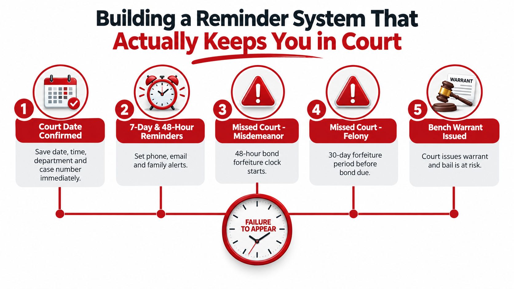 A five-step flowchart illustrating a reminder system for court dates to prevent failure to appear.