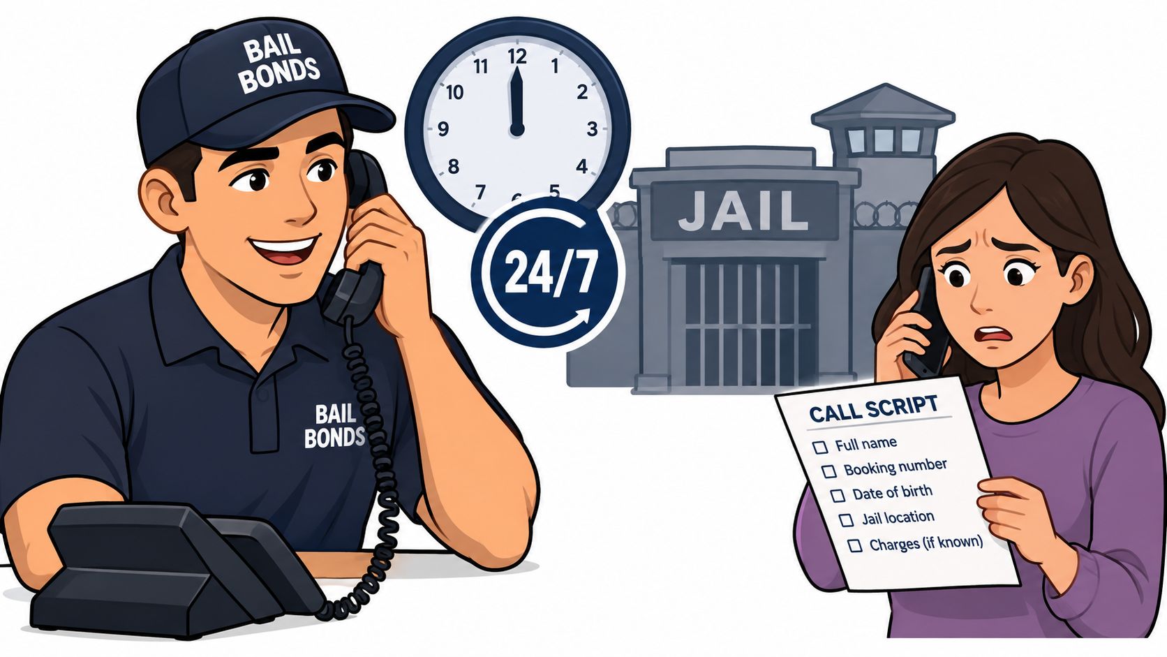 A bail bondsman on the phone assisting a concerned woman following a call script for jail procedures.