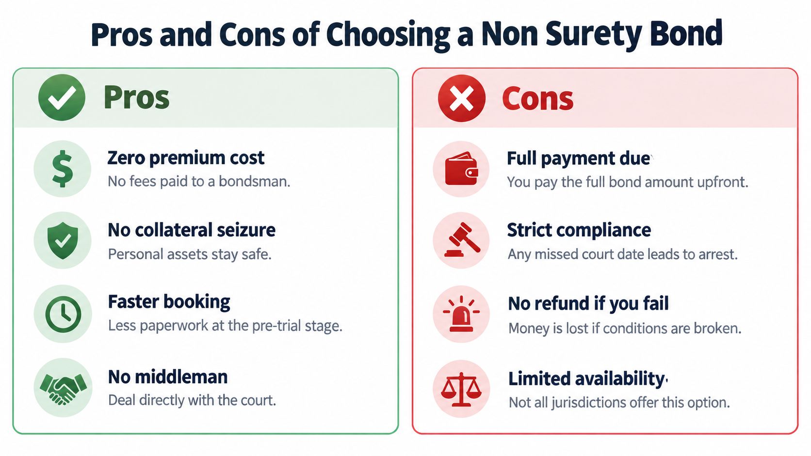 A comparison chart outlining the pros and cons of choosing a non surety bond for court cases.