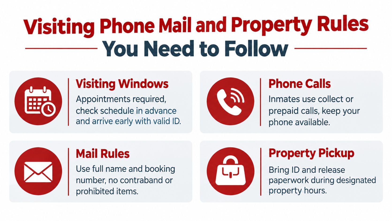 Informational graphic detailing rules for jail visitation, phone calls, mail procedures, and property pickup at a detention facility.