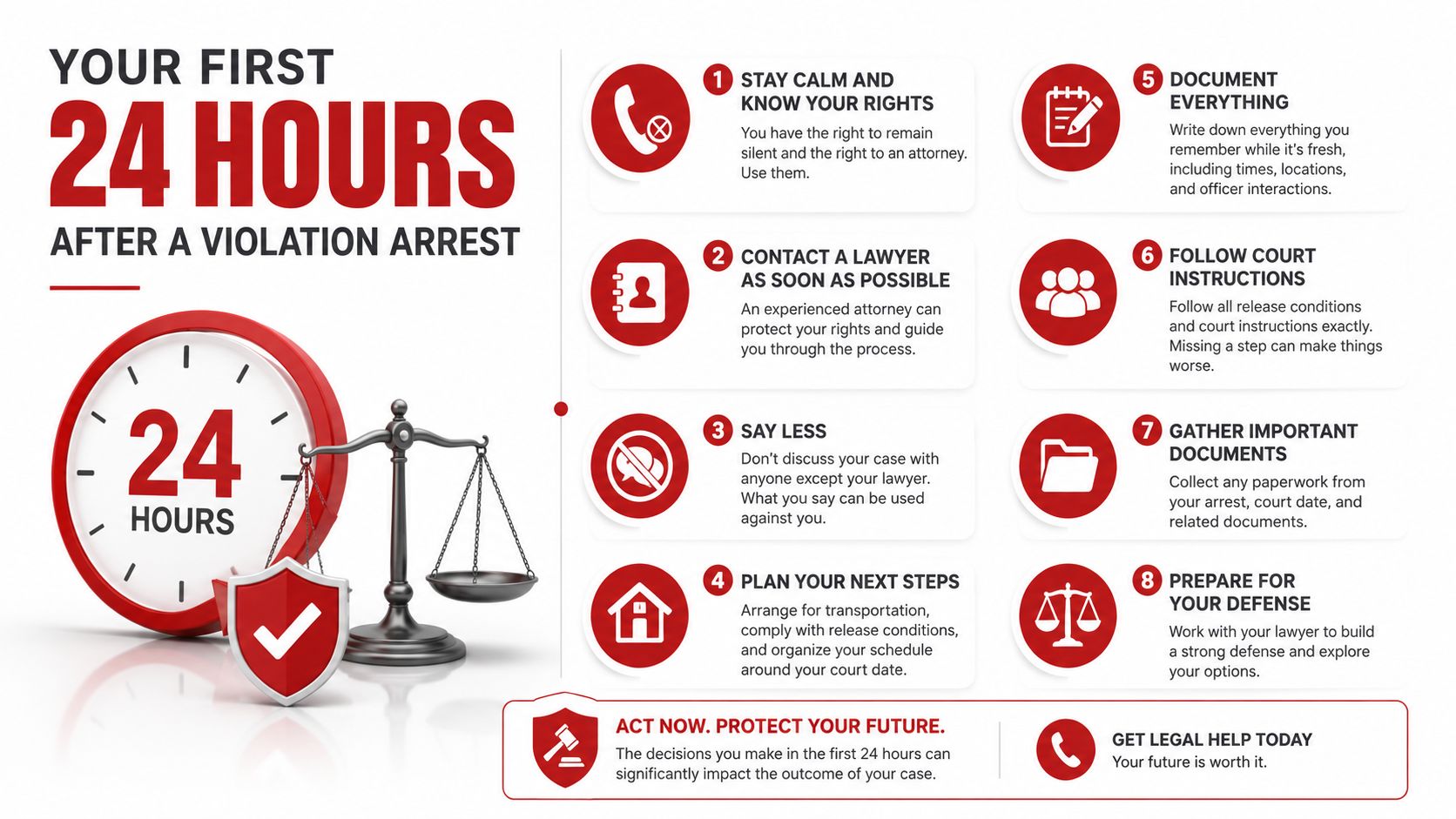 An infographic titled Your First 24 Hours After A Violation Arrest, listing eight essential legal steps to take.