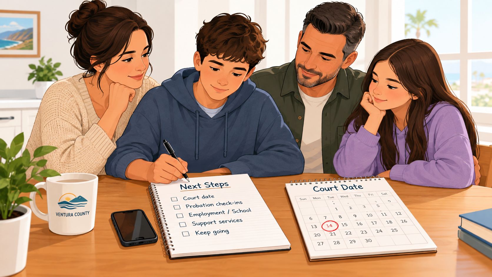 A family sits together at a table planning next steps with a notebook and calendar.