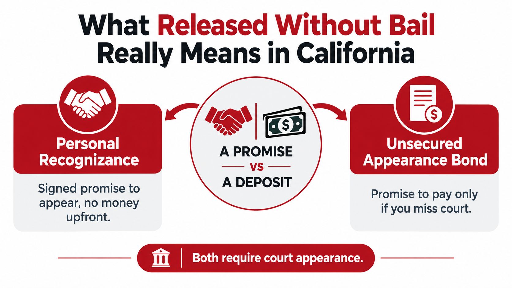 An infographic explaining released without bail concepts including personal recognizance and unsecured appearance bonds in California.