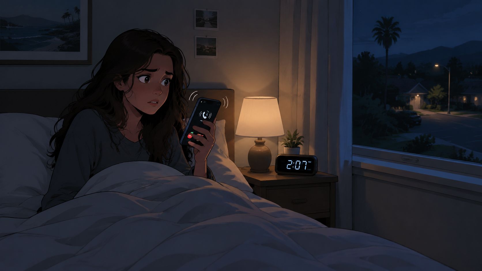 A young woman looking worried while checking her glowing smartphone in a dark bedroom at 2:07 AM.