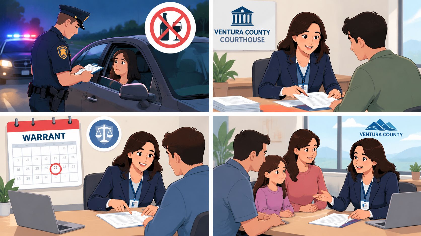 A four-part illustration showing legal processes involving law enforcement, courthouse meetings, warrants, and a supportive family consultation.