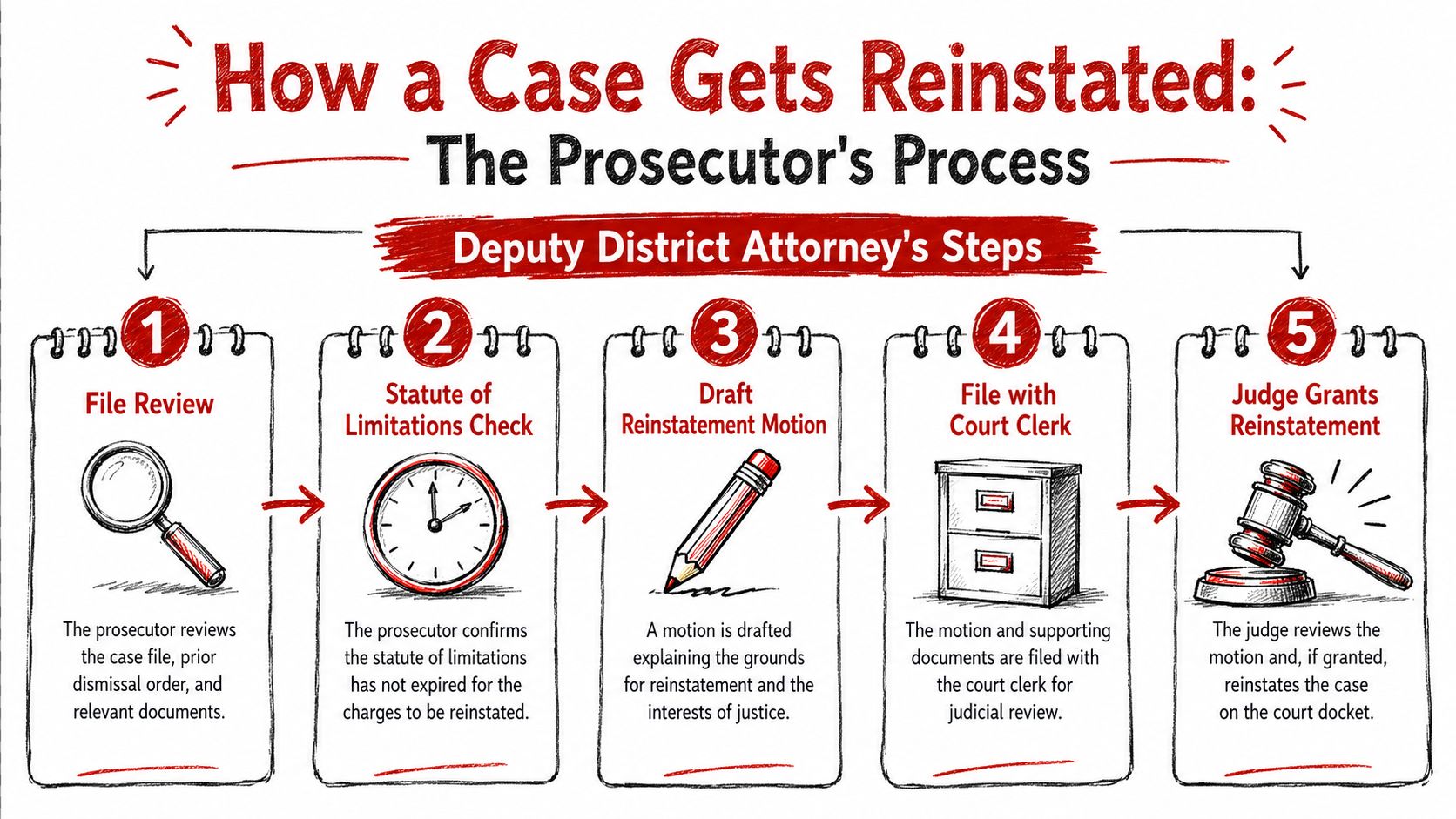 A flow chart illustrating the five-step process a prosecutor follows to reinstate a legal case.
