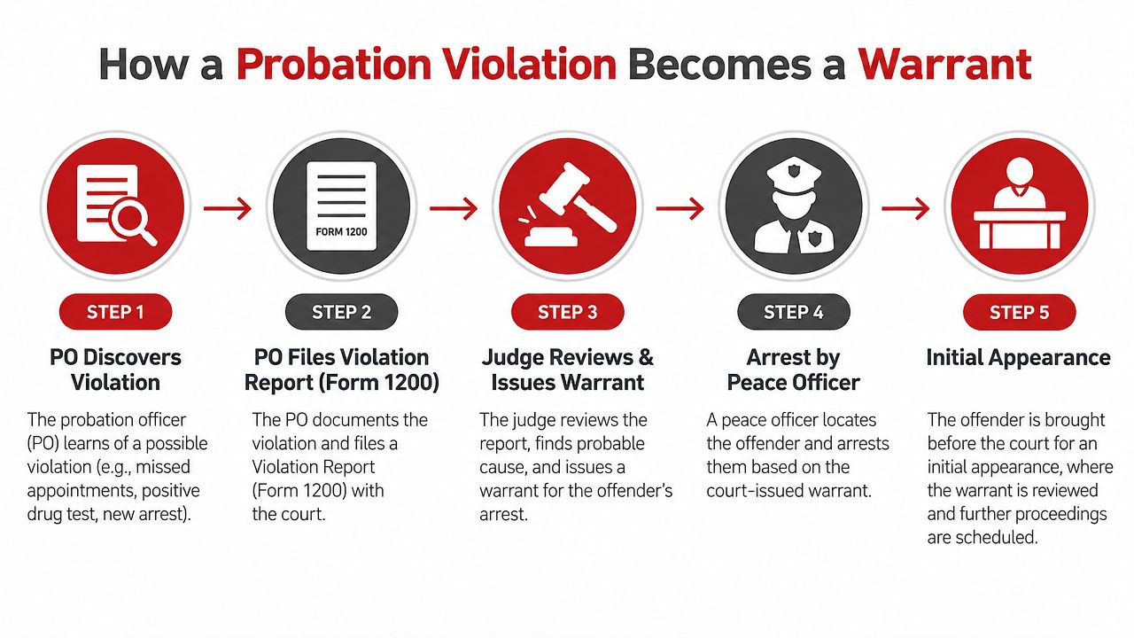 A five-step infographic explaining the legal process of how a probation violation leads to an arrest warrant.