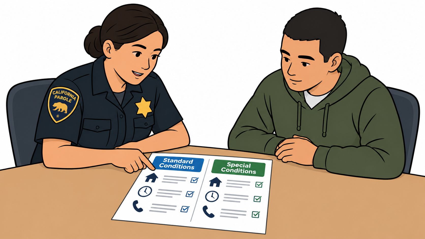 A California parole officer discusses parole conditions with a young man sitting at a table.